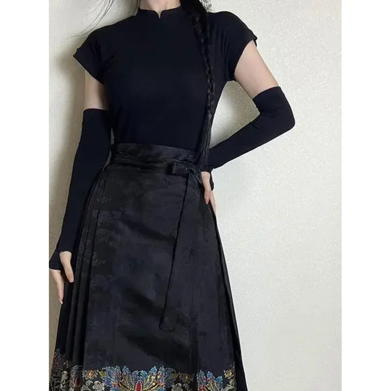 Chinese Style Traditional Pleated Skirt For Women Black Mamianqun Hanfu Thin Fashion All-match DIY Lace-up Long Skirts Womenwear