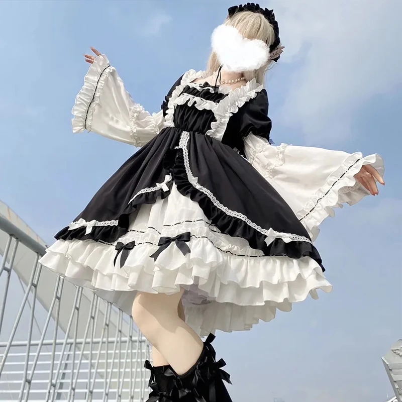 Sweet Lolita Vintage Dress Long Sleeve Costume Kawaii Loose Cute Japanese Style Bow Dress Set Cosplay Cross-dressing COS Sissy