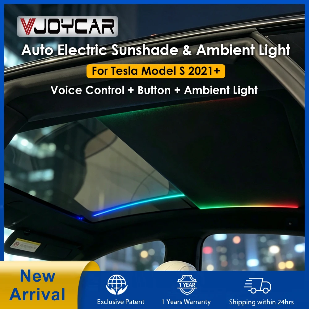 Vjoycar Intelligent Voice Control Electric Sunshade for Tesla Model S 2021+ UV Protection Retractable Ambient Light Roof Shade