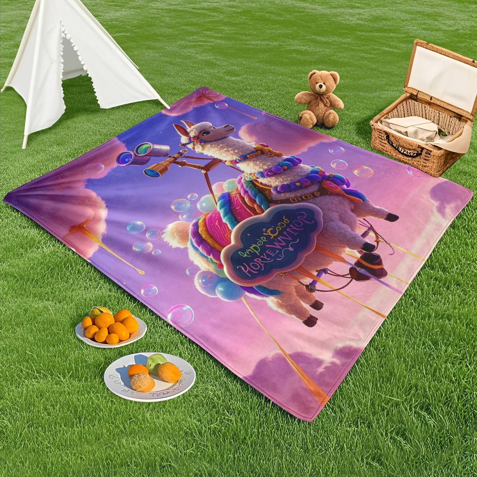 

Alpaca Marshmallow Airship Rainbow Gummy Bubbles Pink Purple Outdoor Blanket For Girlfriend Cozy Gift Idea