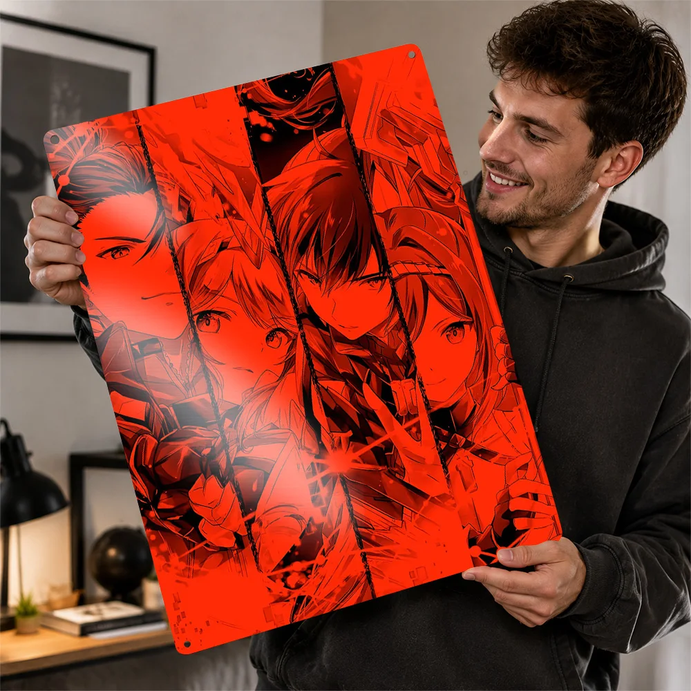 Red Character Collage Textured Metal Poster Anime Wall Art For Home Office Customized Aluminum Sign Video Game Fan Gift Idea
