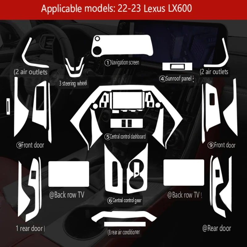 For Lexus LX LX600 2022-2023 TPU Transparent Protection Film Car Interior Stickers Center Control Gear Air Vent Navigation Door