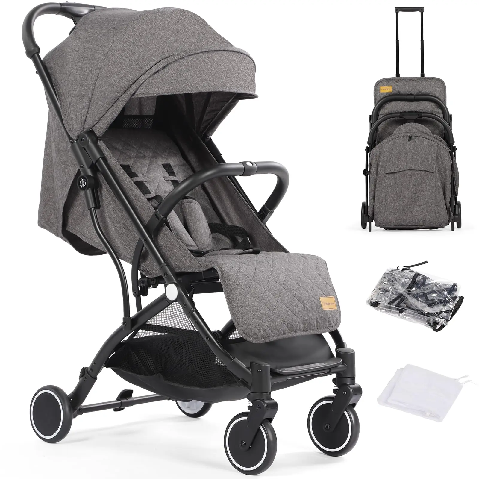 Poussette bébé, poussette compacte pliable d'une seule main avec housse de pluie et moustiquaire, po