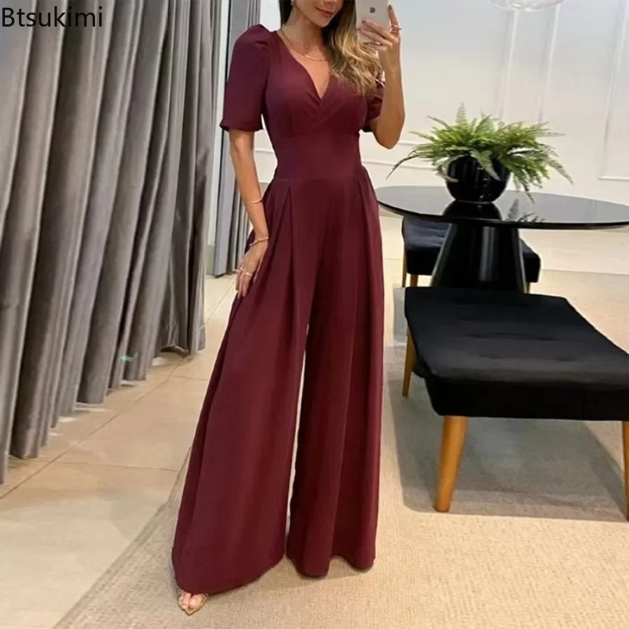 2024 Women\'s Elegant Jumpsuits Spring Summer Solid Color Temperament High Waist Women\'s Wide Leg Jumpsuit Streetwear Overalls