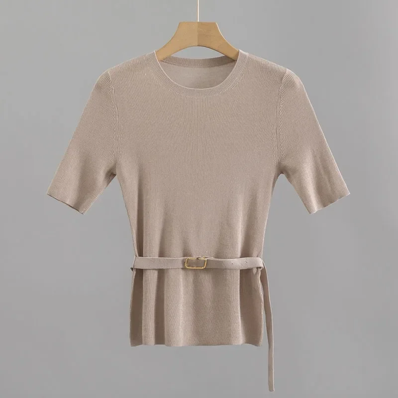 2024 Spring and Summer New V-shaped Slim Belt Round Neck Pure Wool Short-sleeved Sweater Tops for Women