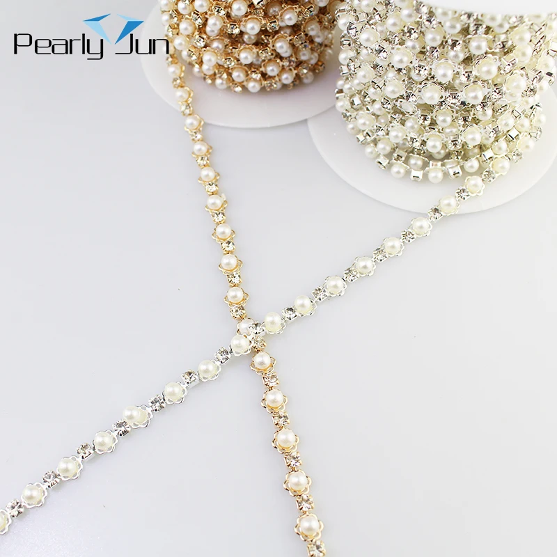 1/5 Yards Flower Torus Pearl Crystal Metal Chain DIY Sew Decoration Rhinestone Trim Sew on Clothing Bags Shose Accessories ML120