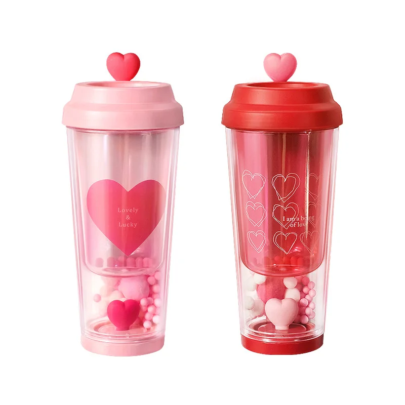 

New Creative Double-layer Plastic Cup, Love Direct Drinking Mouth Water Cup,Portable Cups,Couple Cute Water Bottle,Birthday Gift