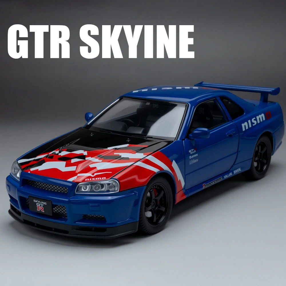 Nuevo 1:24 GTR R34 Skylin coche modificado modelo de aleación coche de juguete fundido a presión sonido y coche ligero juguetes para niños vehículo