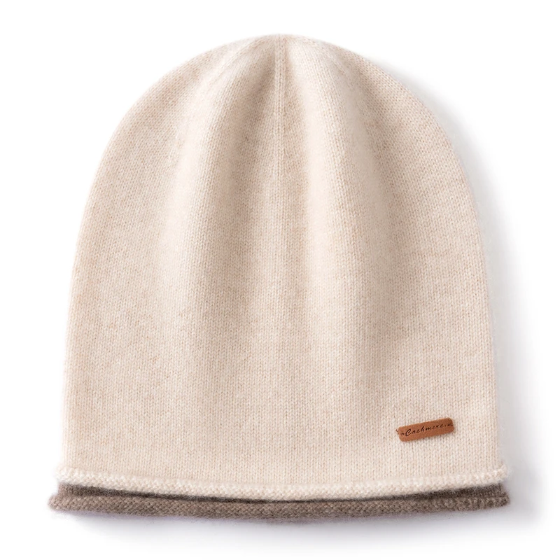 KOIJINSKY 100% Pure Cashmere Knit Beanie Two Tone Rolled Brim Leather Tag Soft Warm Slouch Winter Hat for Women