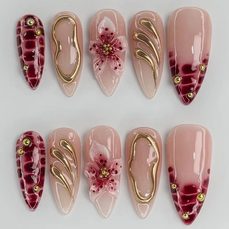 

24 шт., накладные ногти в форме миндаля, 3D позолоченный цветок, дизайн в горошек, накладные ногти в европейском и американском стиле, акриловые накладные ногти для горячих девушек