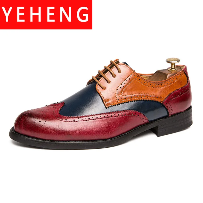 Brown Men's Formal Business Shoes Italian Brand Brogue Color Matching Oxford Dress Leather Shoes Men Fashion Wedding Party Shoes