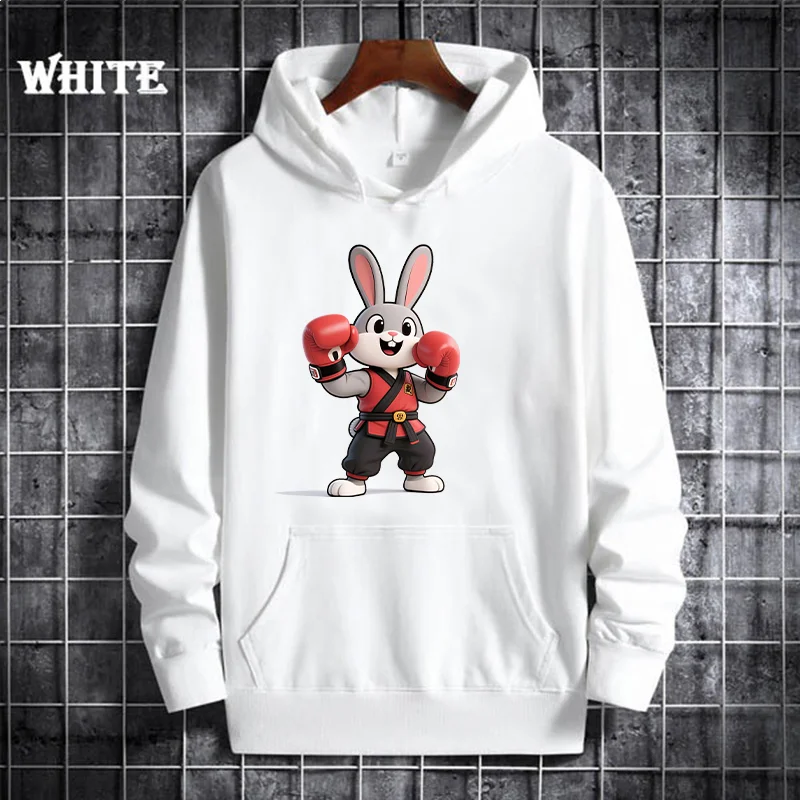 เสื้อฮู้ดพิมพ์ลายการ์ตูนกระต่ายต่อสู้ เสื้อสเวตเชิ้ตลำลองที่ทันสมัยและเป็นที่นิยม เสื้อฮู้ดกีฬาแขนยาวแบบสวมหัว