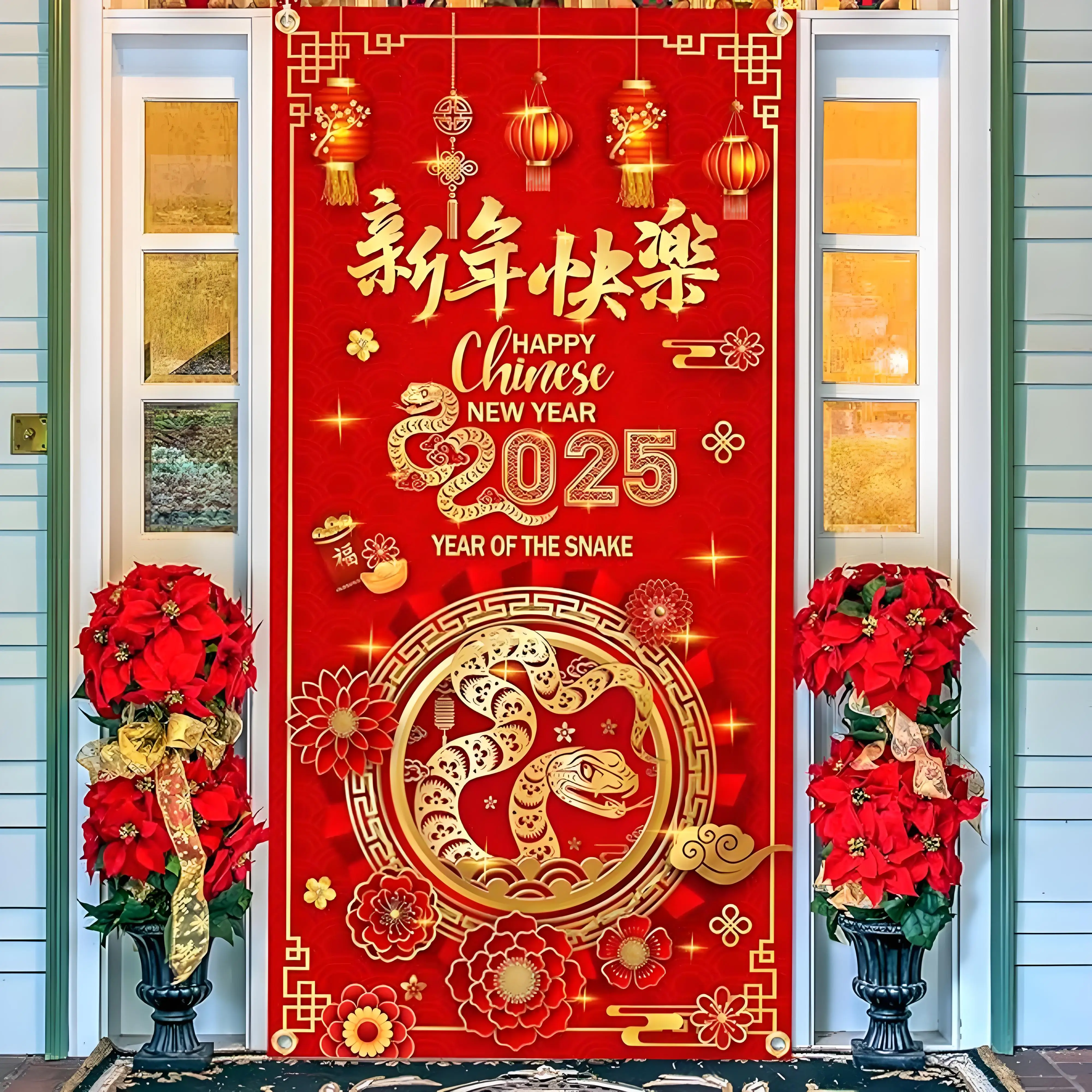 Happy Chinese New Year 2025 Door cover decorative background Banner porch sign Photography Background Party supplies