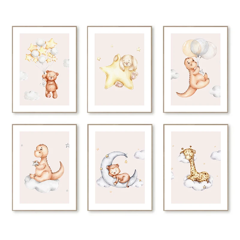 Cute Cartoon Bear Rabbit Giraffe on Moon Stars Posters Canvas Printing Modern Wall Art Picture for Living Room Home Decor Gif