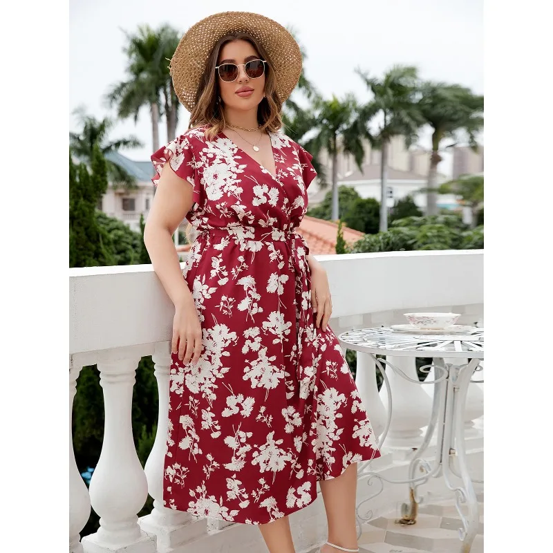 XL-4XL Summer Cusual Dresses Plus Size Women Clothing Short Sleeve V Neck Flower Pattern Bandage Beach Long Dress Dropshipping