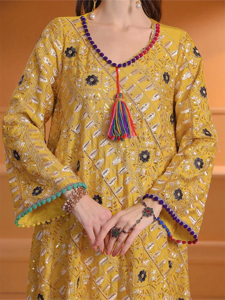 

Модное женское мусульманское длинное платье с вышивкой и кисточками Абая Дубай Кафтан Рамадан Марокко Кафтан Femme Musulmane Vestidos Jalabiya