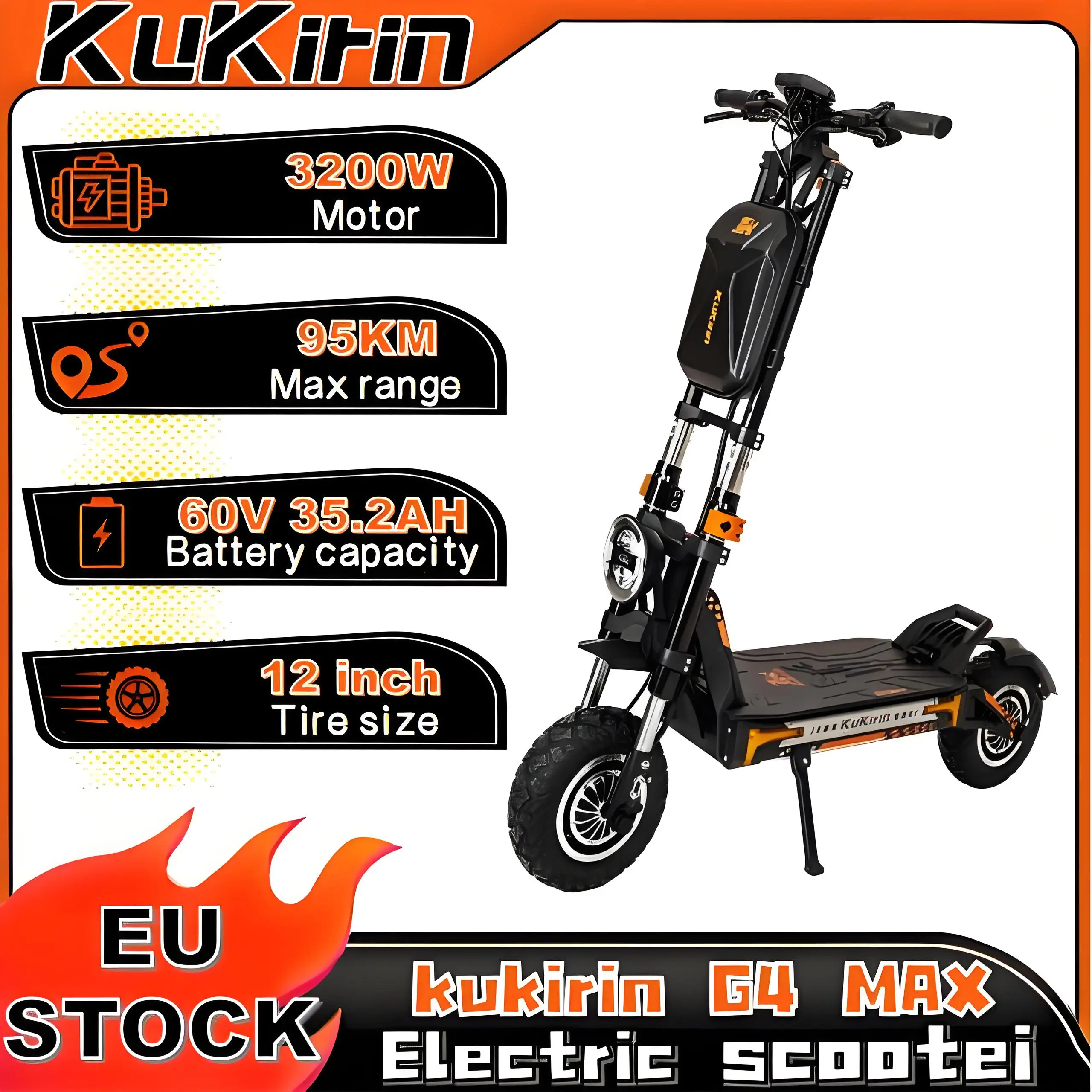 Scooter elettrico pieghevole Kukirin G4 MAX 3200W 60V 35,2Ah Protezione IP54 12 pollici fuoristrada velocità 86 km/h portata 95 km