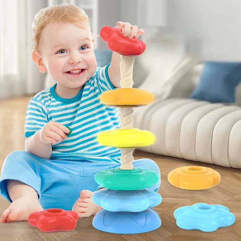 Baby Rotating Rainbow Tower Baby Stacking Puzzle Toys Safety and Environmental Protection Colored Children's Montessori Toys