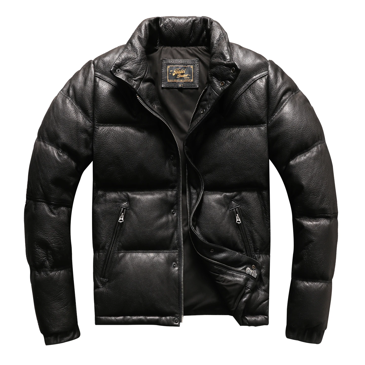 سترة رجالية سميكة ودافئة بياقة واقفة مصنوعة من جلد الماعز وأسفل البط، نمط الشتاء #1