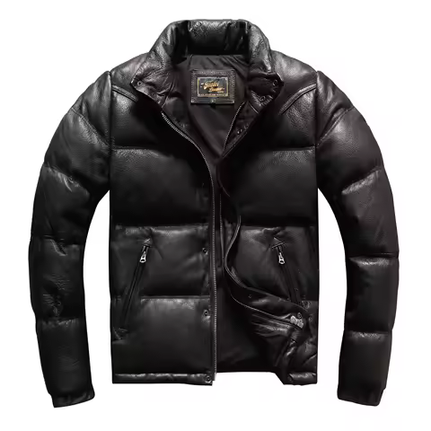 Thickened and Warm Men's Stand Collar Jacket Made of Goatskin and Duck Down, Winter Style