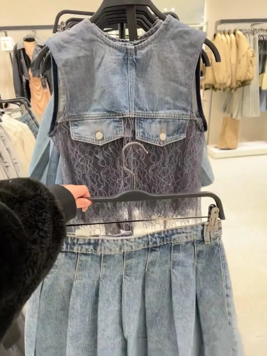 

Весна 2024, женский сексуальный кружевной лоскутный джинсовый жилет, Новое поступление, винтажный уникальный круглый жилет из смеси хлопка и полиэстера