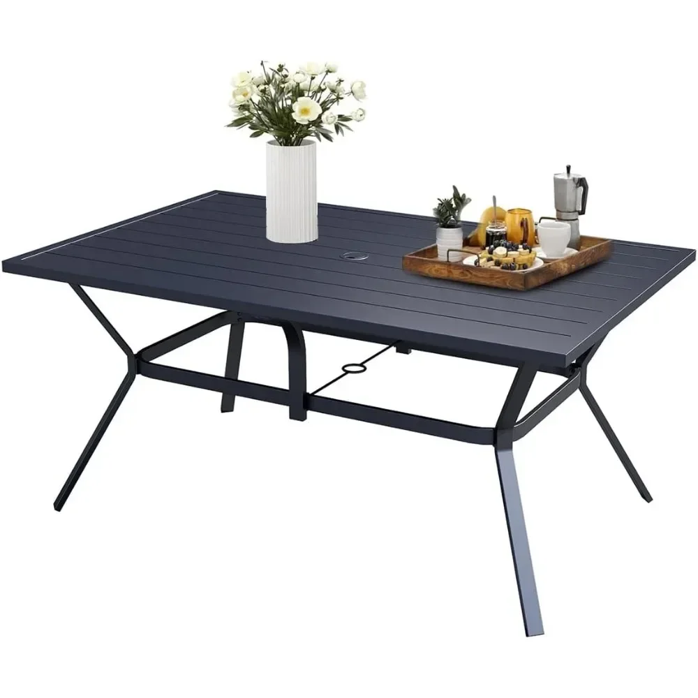 

Patio Dining Table Outdoor Steel Rectangular Table with Umbrella Hole 63" x 38" x 28" - Black