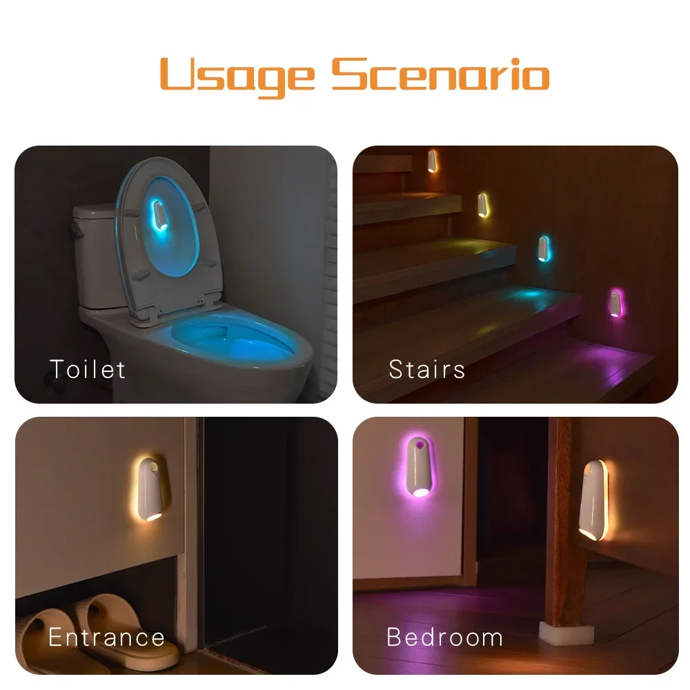 LED Motion Sensor Light 2in1 RGB Night Light 8 Light Modes Type-C Rechargeable Lamp for Toilet Corridor Passageway Step Lighting