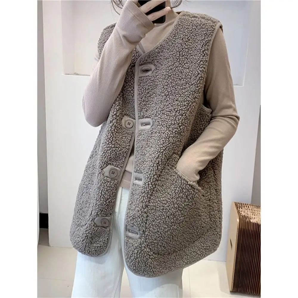 

Lamb's Wool Vest Women Fleece Waistcoat Sleeveless Jacket Loose Big Size Coat Korean Fashion Tops Button Pocket Vests