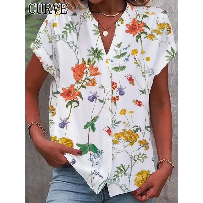 

Новая женская футболка больших размеров 1XL-5XL с V-образным вырезом и цветочным принтом, с длинными рукавами, повседневная, удобная, модная, топ