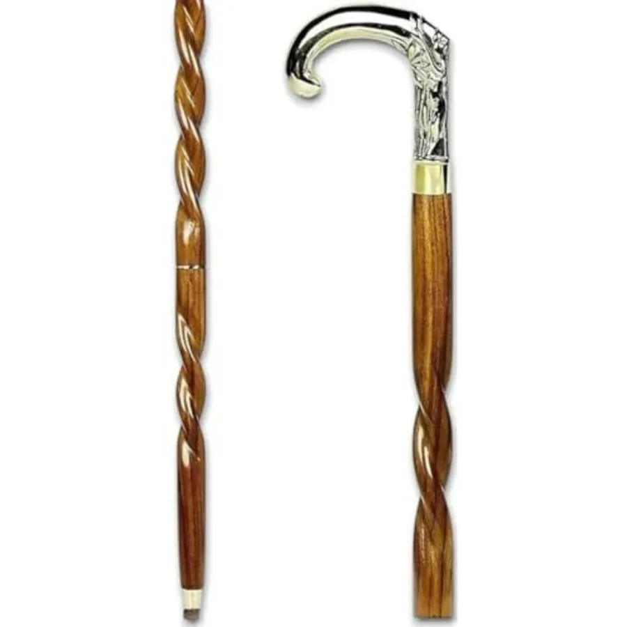 

Antique Spiral Brown Wooden Walking Stick with Silver Brass Designer Parrot Handle Walking Wooden Cane for Gift Men and Women