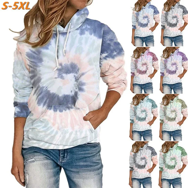 Women Vintage Tie-die Print Hoodies Fashion Casual Zip Up Long Sleeve Loose Jacket Coats Hooded Sweatshirts Y2k Streetwear