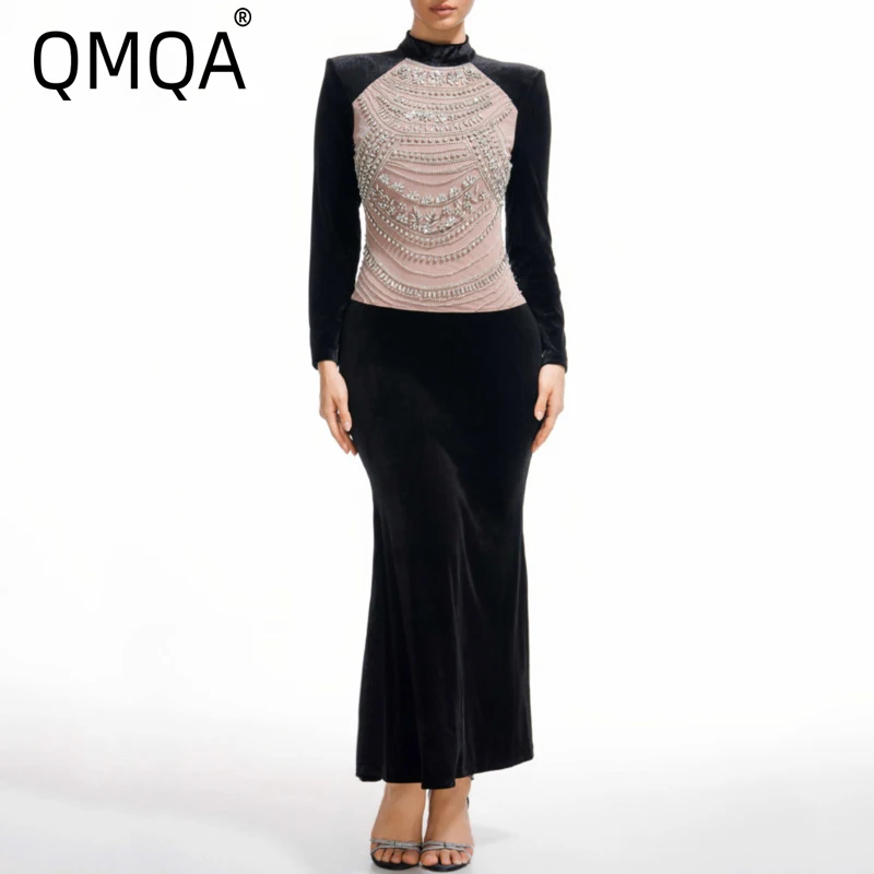 

QMQA Fashion Women's Elegant Luxury Banquet Dress Spliced Diamond Half Collar Long Sleeve High Waist Mermaid Evening Dress 1A188