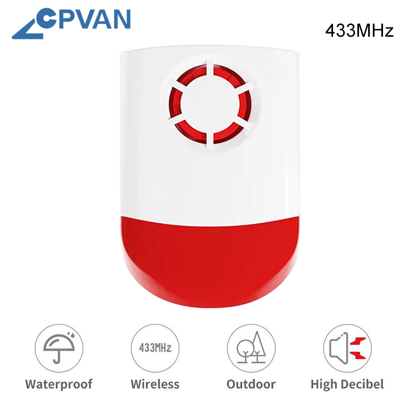 

CPVAN Outdoor Wireless Siren 433Mhz Loudspeaker 120dB higt decibel Waterproof Strobe Siren EU plug For Home Burglar Alarm system