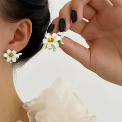 Enamel S925 Silver Needle Colour Ceramic Glaze Flower Earrings Hand-painted White Lily Fresh Temperament Stud Earrings For Women