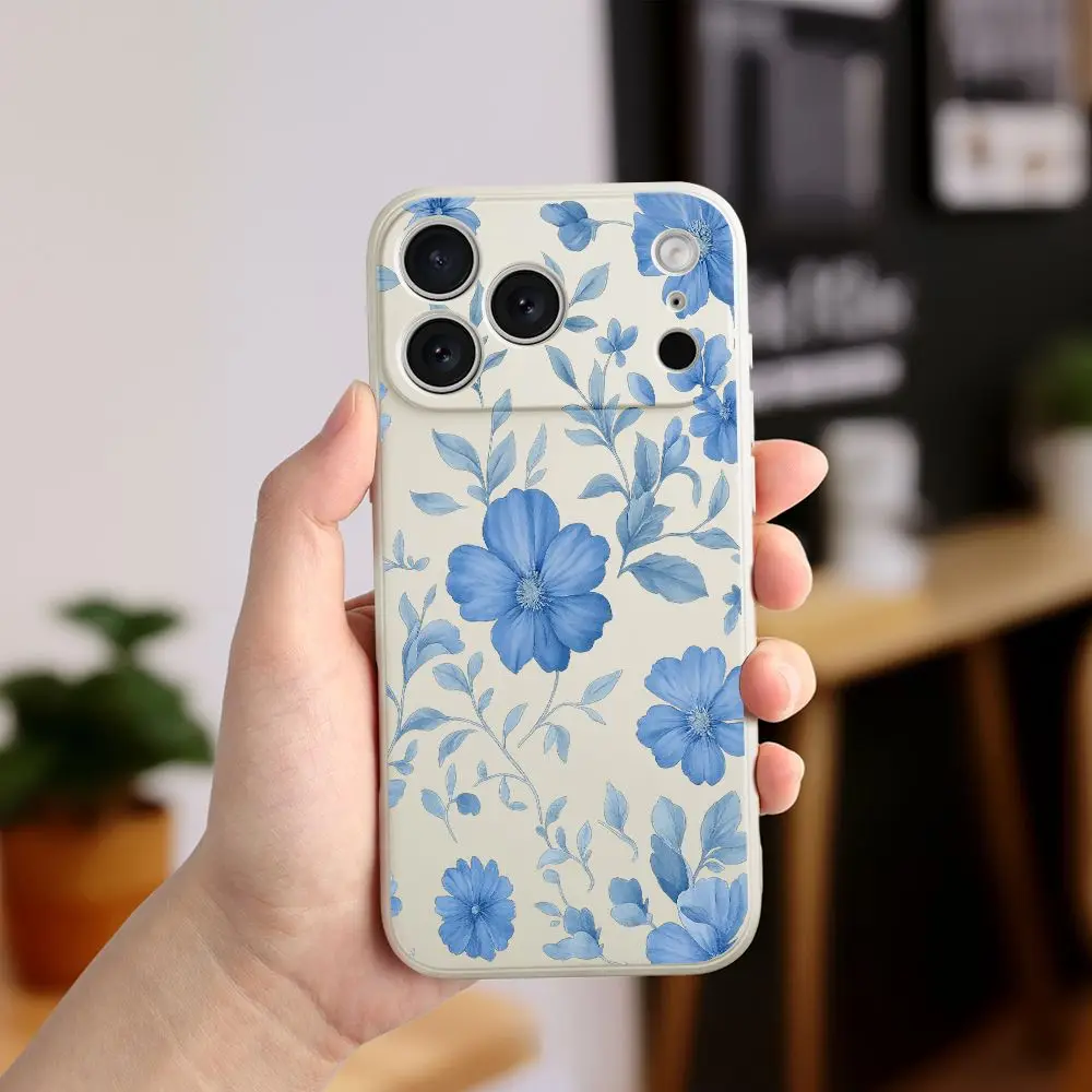 Чехол из ТПУ с синим цветком и зеленым фоном для iPhone 17 ProMax 17 Air 16 15 14 13 12 11 Pro Max XS Max7 8 Plus 16e 16 Plus