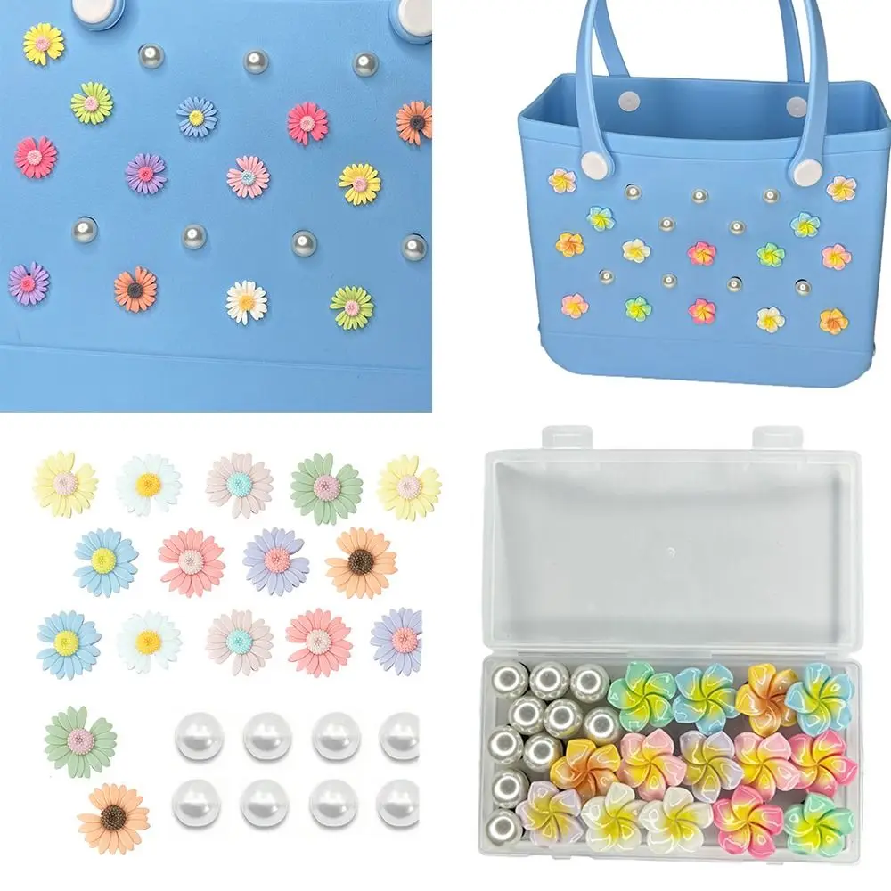 24PCS Flowers Charms for Bogg Bag Decoration PVC Pearl Beach Totes Bags Accessories for Rubber Beach Bag with Holes