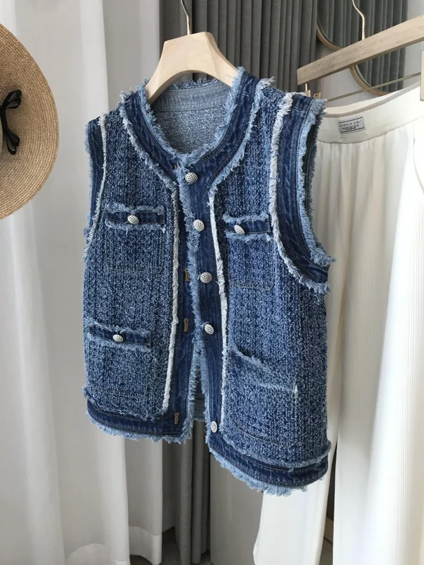  Embroidered Denim Vest Women's Faion round Ne Svel Cotton 00% Heavy Work Sle Small Fraance Sle
