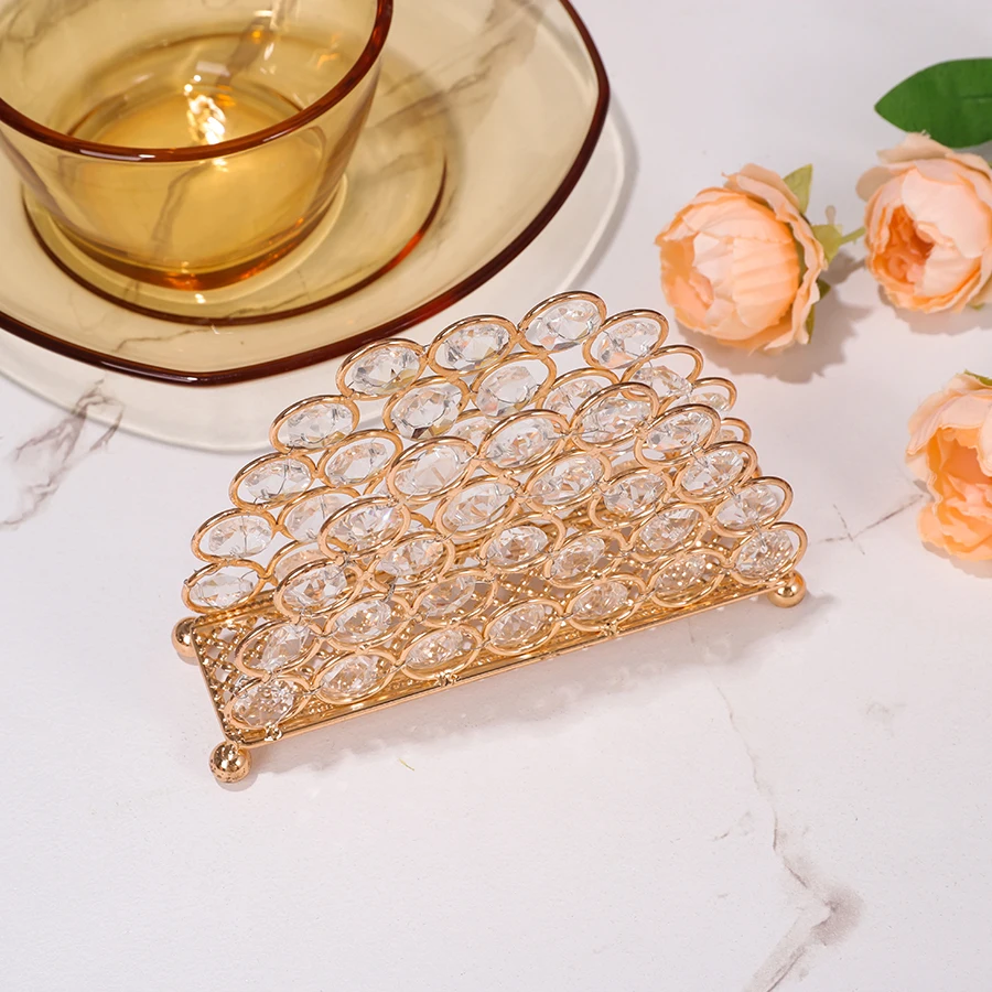 1pc Golden Crystal Napkin Holder Rhinestone Semicircle Napkin Holder with Flower Base,Gold Napkin Storage Rack For Dining Table