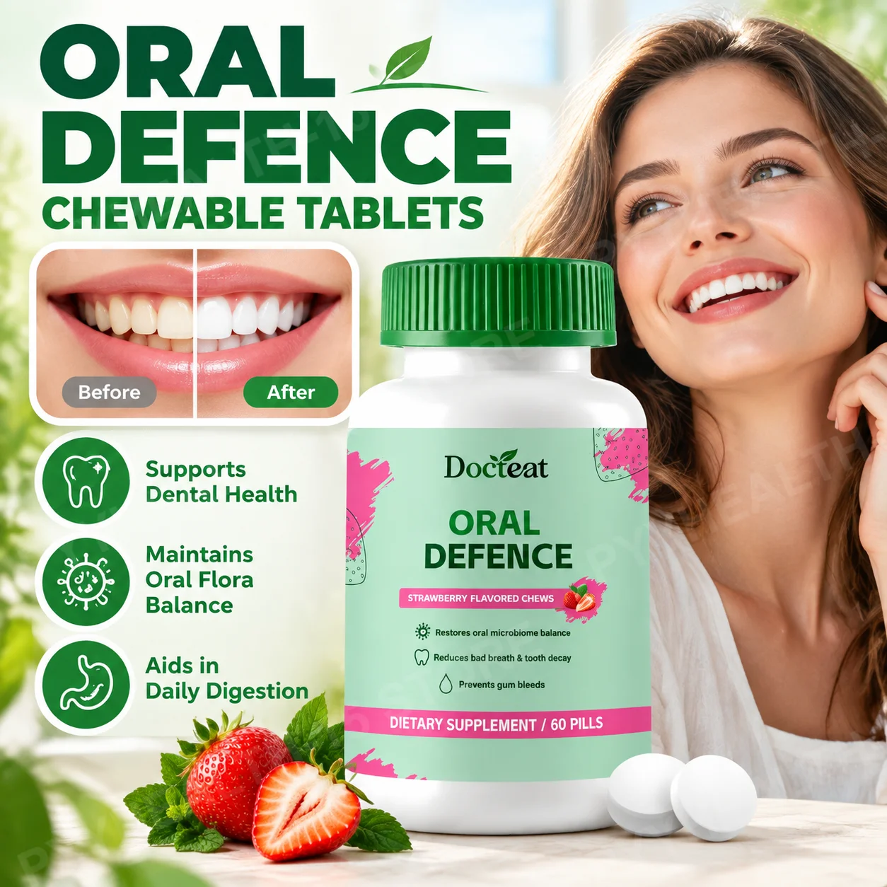 Microcrystalline Hydroxyapatite Chewable Tablets with Xylitol, Probiotic Complex and Enzyme Trio for Enamel Support, 60 Pills