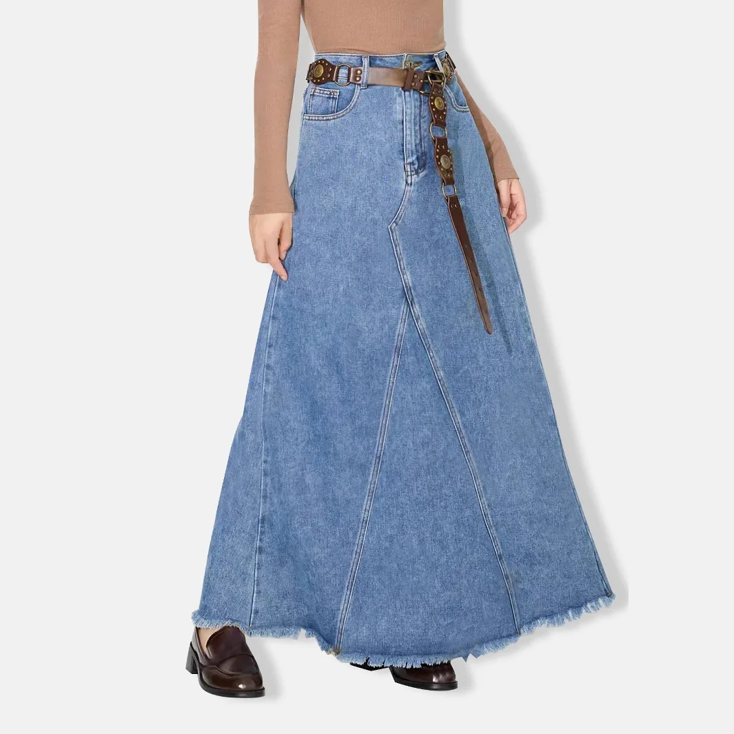 

Denim Skirt Women Vintage Long Skirts High Waist Distressed Washed Button Pockets Summer Mom Jeans Y2k A Line Streetwear 2025