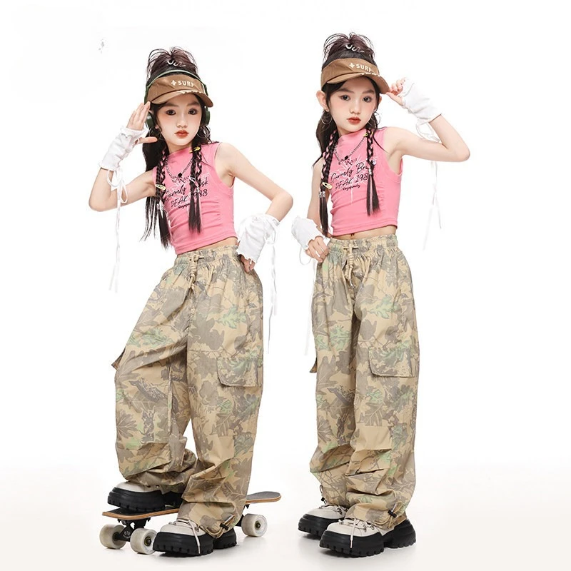 

Детский комплект одежды для девочек: розовый укороченный топ-жилет в стиле K-pop, танцевальные брюки-карго с листьями, уличная одежда в стиле хип-хоп, костюмы для джазовых танцев, одежда для девочек-групп.