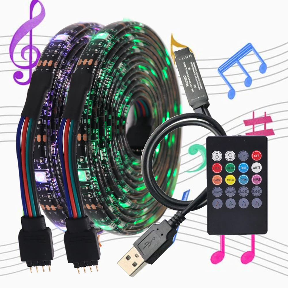 DC 5V 5050 LED Strip Light RGB 30LEDs/M Waterproof Flexible Ribbon Music Controller 20Keys Remote Color Lighting For TV Bedroom