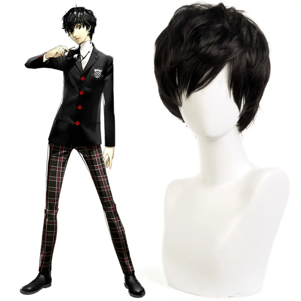 Game High quality P5 Persona 5 Kurusu Akira Joker Cosplay Wig Anti-wrinkle Curly Hair Cosplay Hair+wig cap