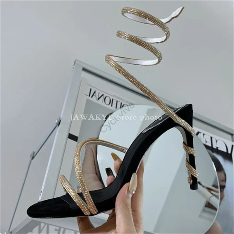 Snake Gladiator High heel Party Shoes Women Sexy Open lace Runway Stilettos Crystal Shoes Narrow band Rhinestones Sandals mujer