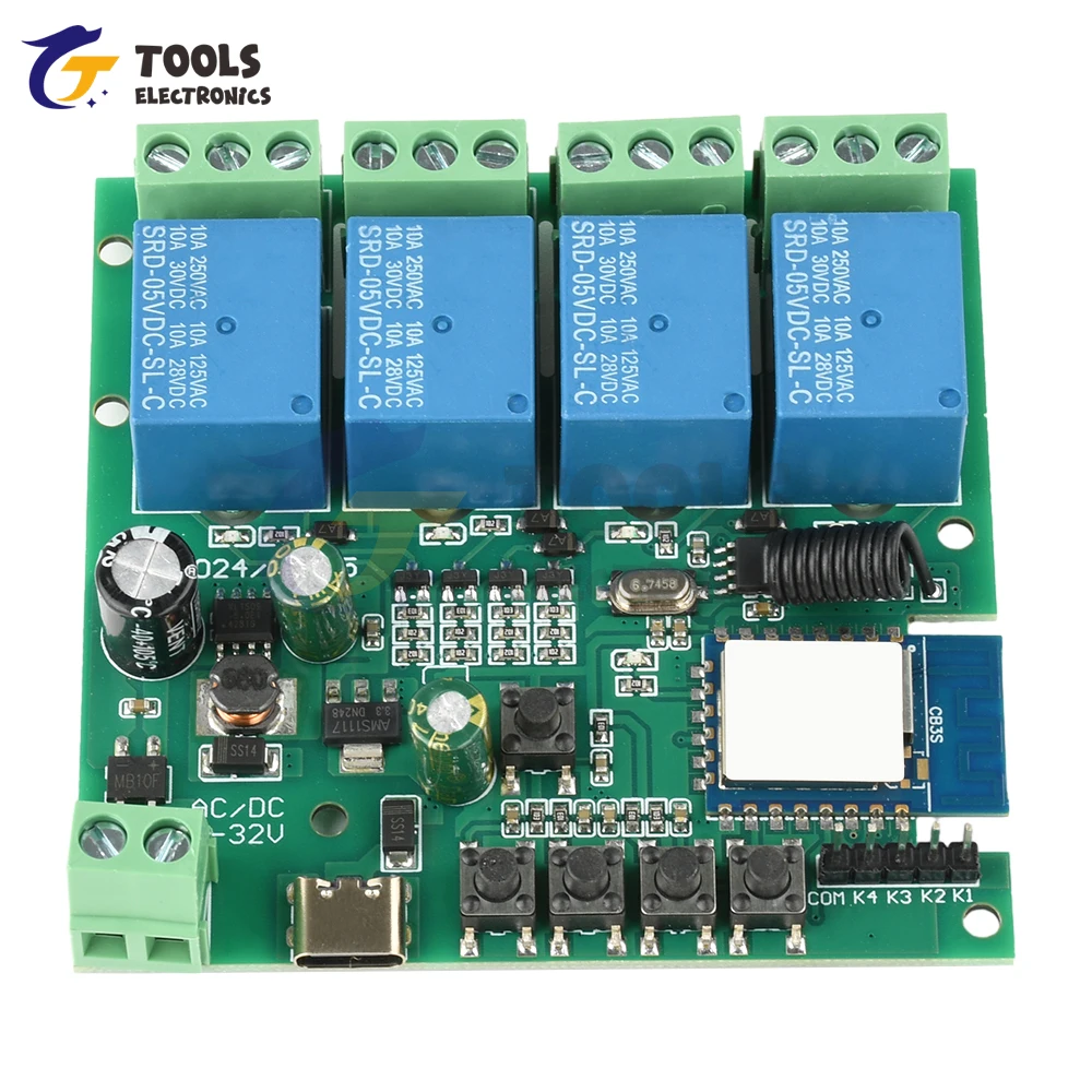 Smart WiFi Relay Switch Module USB 5V DC 7-32V 4-Channel Wifi Remote Control Relay Switch Module for Tuya APP