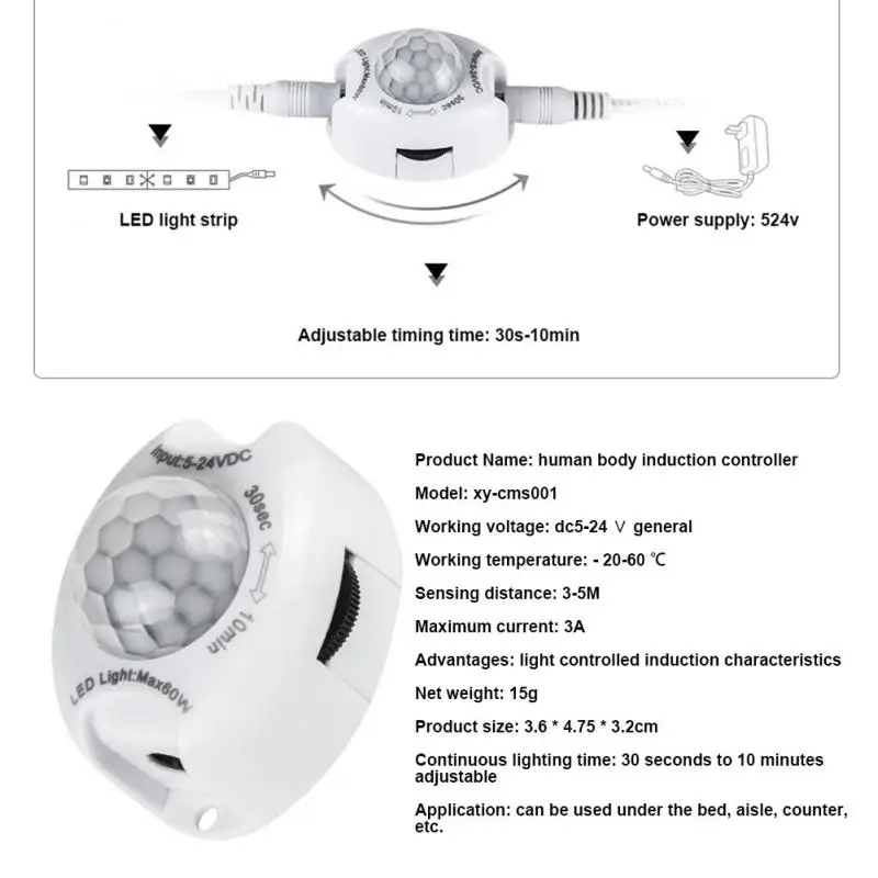 Motion Sensor DC 5V 24V Light Switch Movement Detector Activated Timer Automatic PIR Motion Sensor LED Strip Light Module Tape