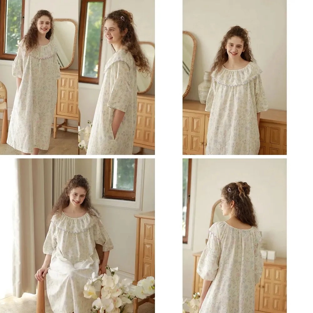 

Women's Cotton Nightgown with Embroidery Ruffled Collar, 3/4 Sleeve Printed Mid-Calf Nightdress for Autumn