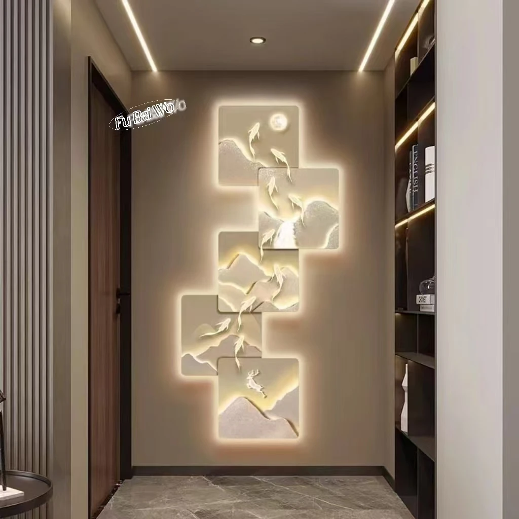 Nine Fish Entrance Decoration Painting, Modern Light Luxury Wall Clock Painting, Corridor, High end LED Light Mural Painting