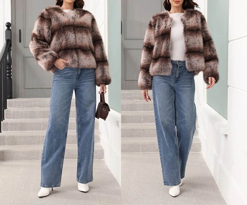 Autumn and Winter New Fur Jacket Women's Wide Vertical Striped Imitation Fox Fur Round Neck Short Imitation Fur