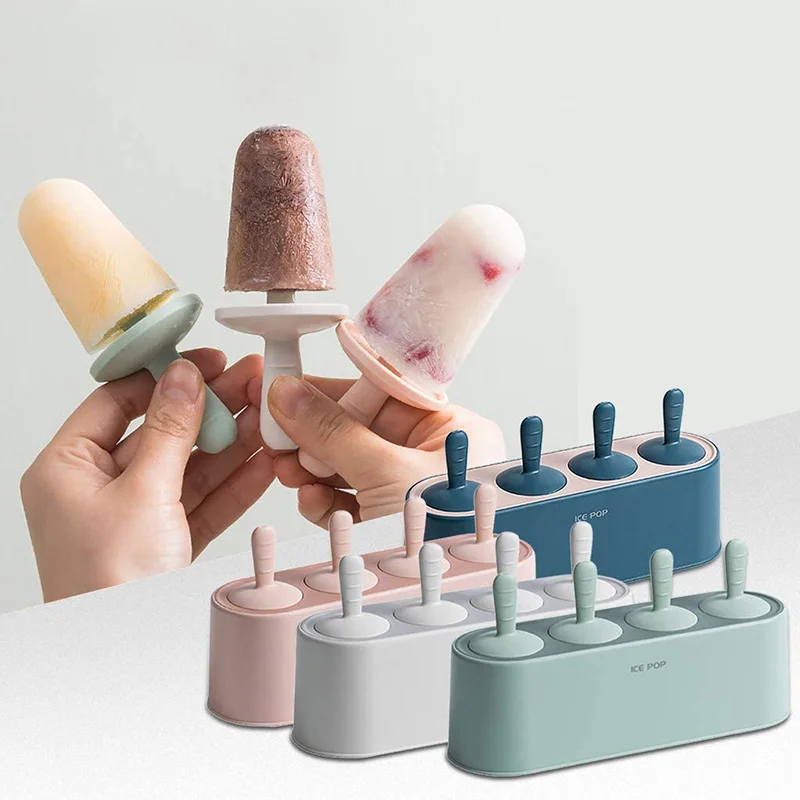 Ice Cream Popsicle Molds 4 Cell Silicone Ice Pop Molds BPA Free Popsicle Mold Kitchen Reusable Easy Release Ice Pop Make